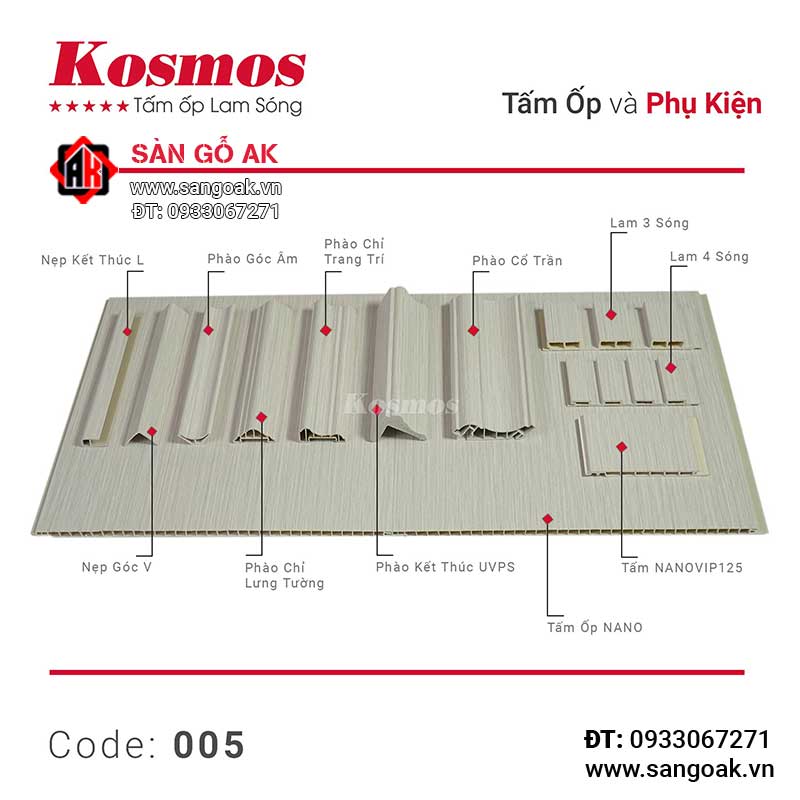 Tấm ốp lam 4 sóng thấp PVC Kosmos 4S150X9-005